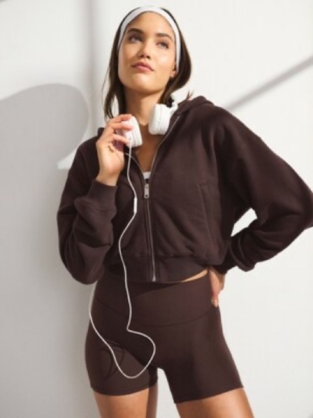 Abercrombie Cropped Zip-Front Hoodie Jacket - Dark Brown